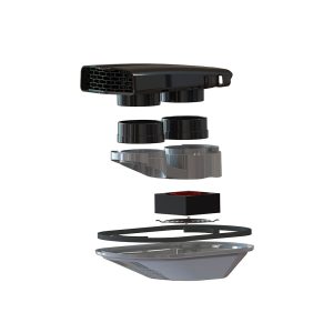 Hightech auto-onderdeel in explosievorming, geïsoleerd en uit elkaar gehaald voor montage of reparatie.