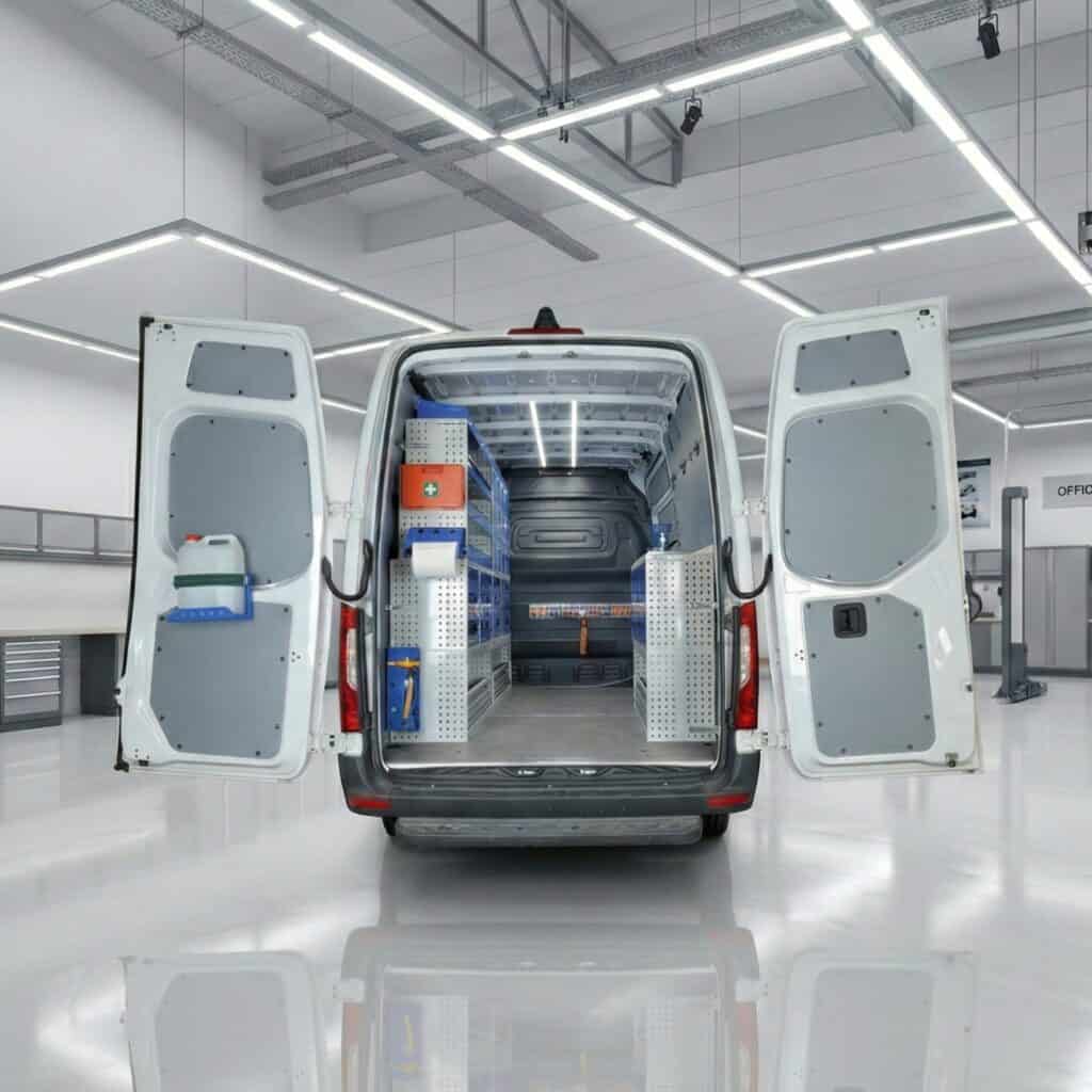 Automatische bedrijfswageninrichting met georganiseerde opbergoplossingen en gereedschapshouders voor efficiënte werkprocessen.