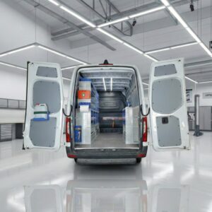 Automatische bedrijfswageninrichting met georganiseerde opbergoplossingen en gereedschapshouders voor efficiënte werkprocessen.