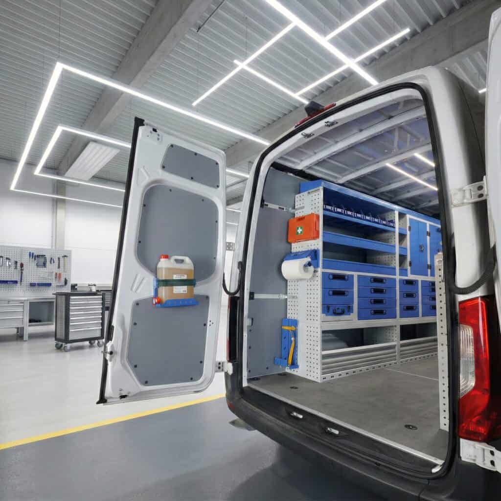 Geavanceerde bedrijfswagen met op maat gemaakte opslag en werkruimte voor automatische concepten, ideaal voor efficiënte bedrijfsvoering en logistiek.