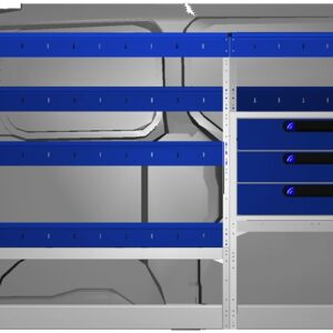 Veilig en georganiseerd bedrijfswageninterieur met op maat gemaakte kasten en rekken voor optimale opslag en efficiëntie. Geschikt voor bedrijfswagens zoals de KIA PV5 Core, ideaal voor professioneel.