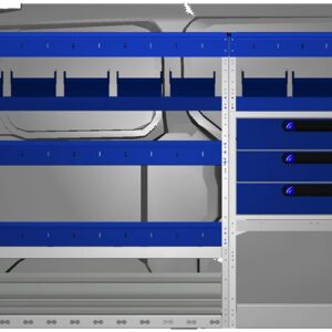 Veilig en georganiseerd bedrijfswageninterieur met op maat gemaakte opbergrekken en lades voor optimale opslag en efficiëntie. Geschikt voor KIA PV5 Core bedrijfswageninrichting.
