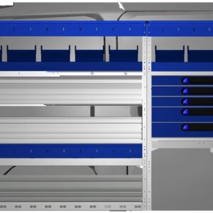 De afbeelding toont een bedrijfswageninrichting voor de KIA PV5 Core, met georganiseerde opbergvakken en lades voor efficiënt transport en opslag van gereedschap en materialen.