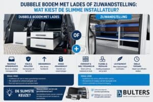 Vergelijking tussen dubbele bodem met lade en zijwandstelling voor bedrijfswagens, met voordelen zoals maximale opbergruimte en ergonomisch gebruik.