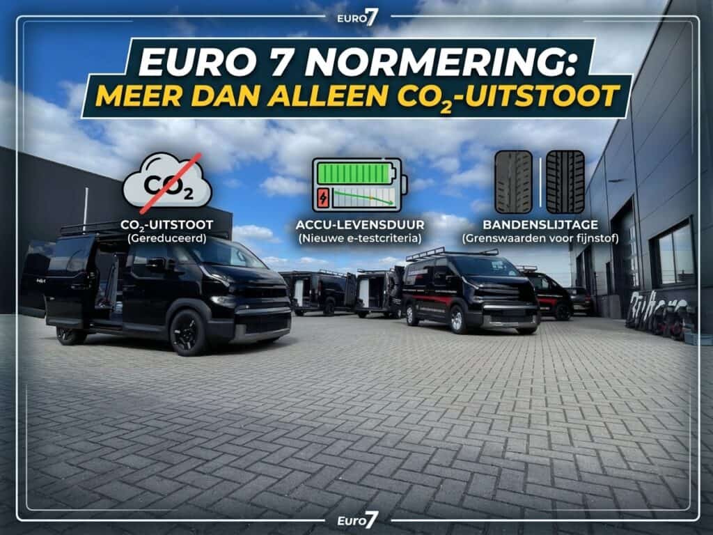 Bedrijfswagens met elektrische aandrijving en lage CO2-uitstoot, inclusief acculading en banden voor EV-rijden, onder Euro 7 normen.