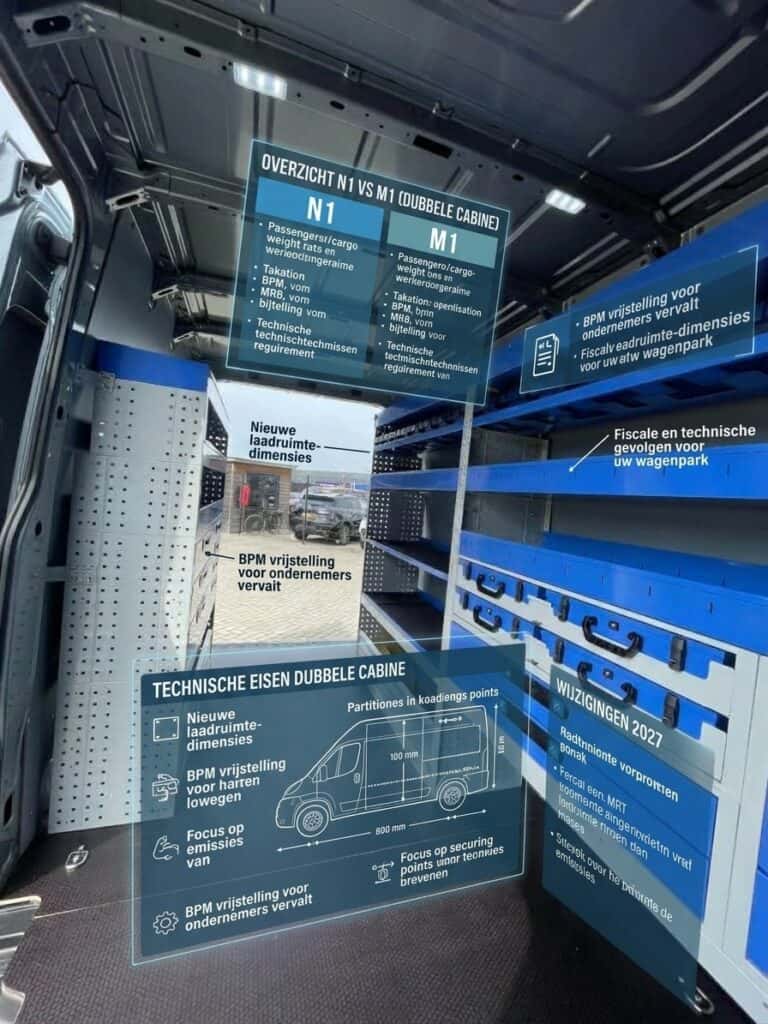 Binnenkant van een bedrijfswagen met informatieborden over dubbele cabine en bedrijfswageninrichting.